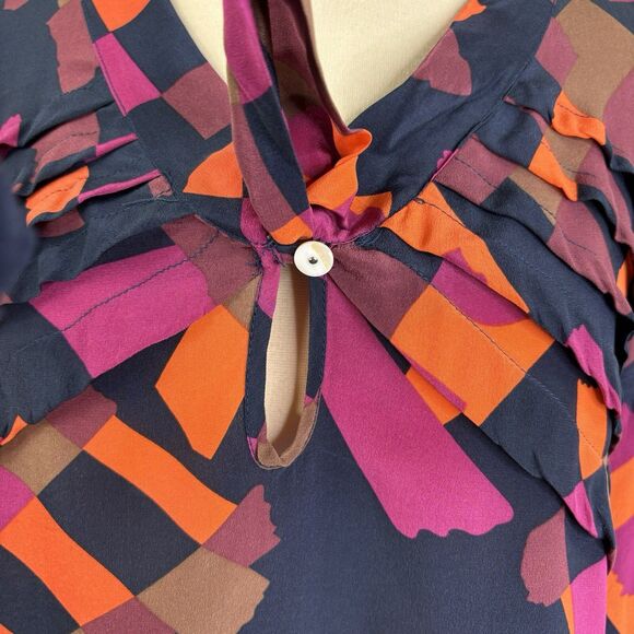 Anthropologie Silk Tunic Blouse Top M Office geometric 70s style Pleated Artsy - Picture 12 of 14